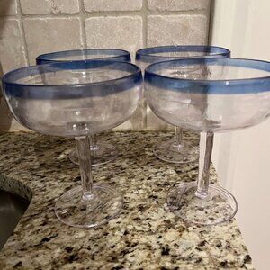 Martini Glasses - Dessert Glasses (Clear Plastic with Blue Rim) (Set of 4) (NEW)